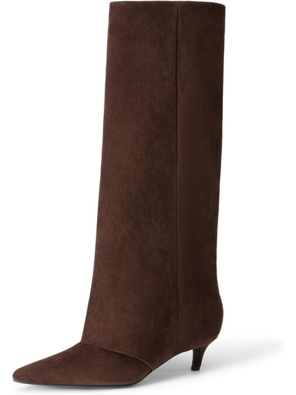 DREAM PAIRS Women Dark Brown Fold Over Knee High Boots Pointed Toe Kitten Heels